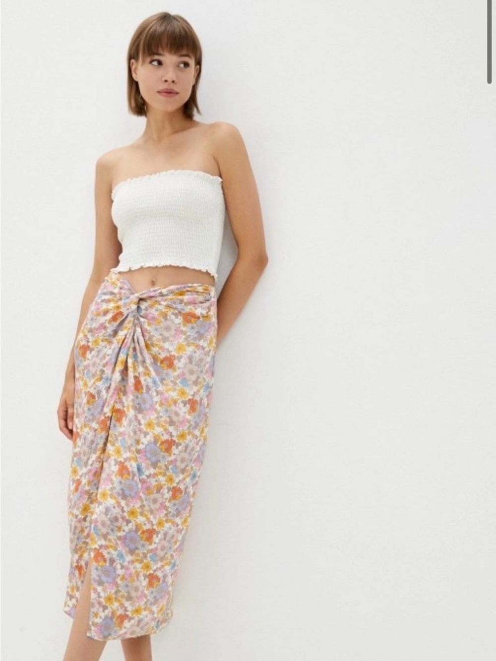 Mango Pastel Floral Twist Midi Skirt